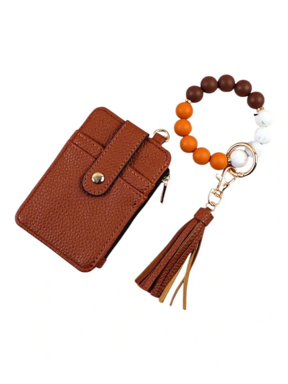 Dark Brown Leather Wristlet Keychain with Orange and White Beads